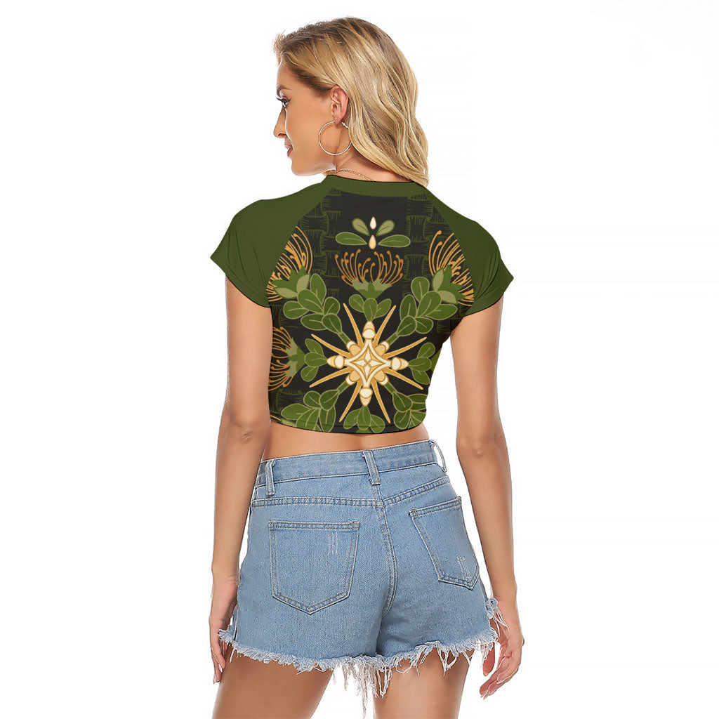 Hawaii Ohia Lehua Squares Raglan Cropped T Shirt Hawaiian Quilt Inspired Floral Pattern