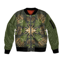 Hawaii Ohia Lehua Squares Sleeve Zip Bomber Jacket Hawaiian Quilt Inspired Floral Pattern LT9 Unisex Green - Polynesian Pride