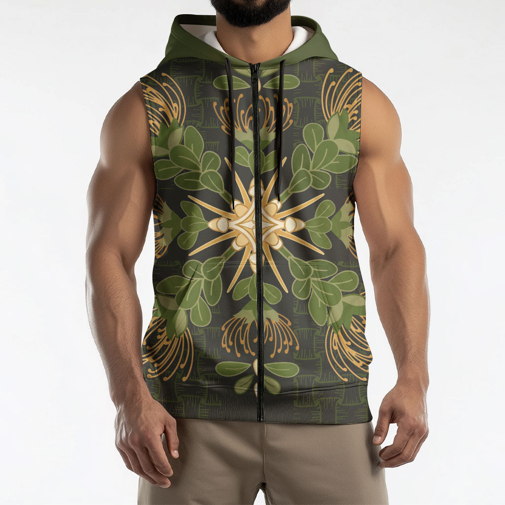 Hawaii Ohia Lehua Squares Sleeveless Zip Hoodie Hawaiian Quilt Inspired Floral Pattern