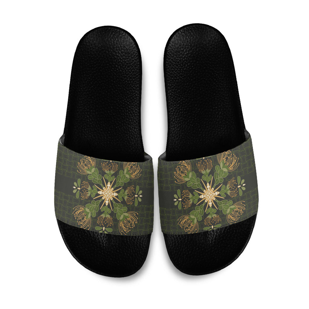 Hawaii Ohia Lehua Squares Slide Sandals Hawaiian Quilt Inspired Floral Pattern LT9 Green - Polynesian Pride