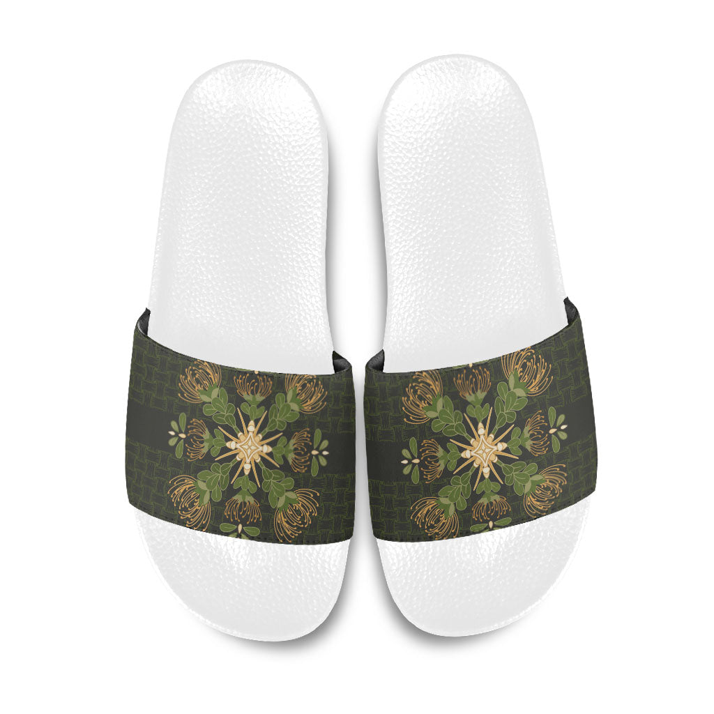 Hawaii Ohia Lehua Squares Slide Sandals Hawaiian Quilt Inspired Floral Pattern LT9 Green - Polynesian Pride