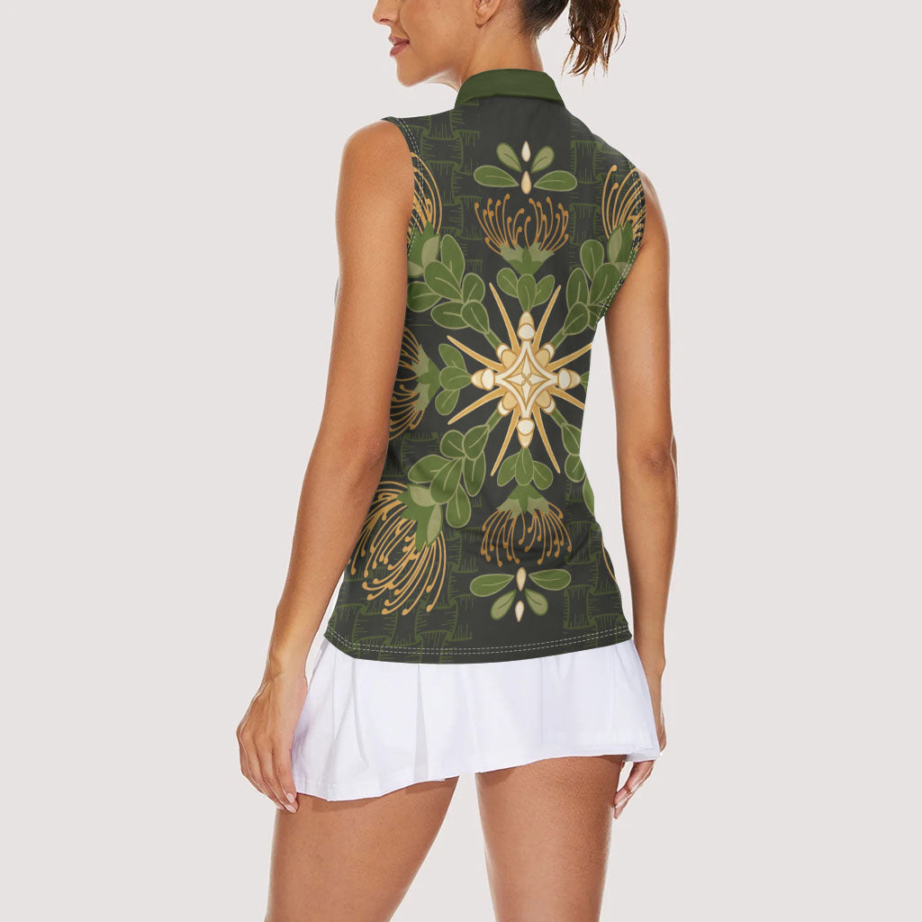 Hawaii Ohia Lehua Squares Women Sleeveless Polo Shirt Hawaiian Quilt Inspired Floral Pattern LT9 - Polynesian Pride