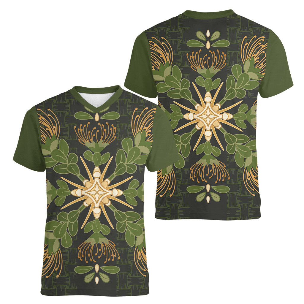 Hawaii Ohia Lehua Squares Women V-Neck T-Shirt Hawaiian Quilt Inspired Floral Pattern LT9 - Polynesian Pride