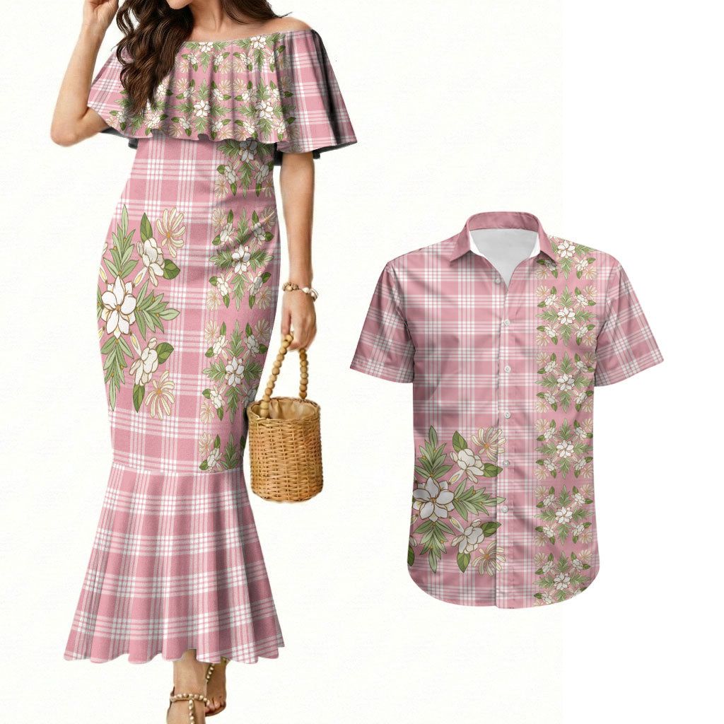Akala Hamele Hawai'i Palaka Squares Maile Leaf Couples Matching Mermaid Dress and Hawaiian Shirt Flowers Hawaiian Quilt Patterns