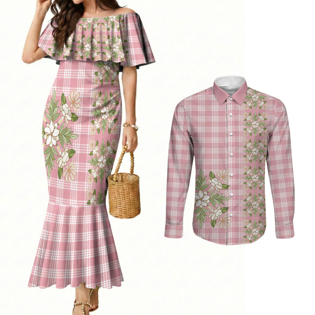 Akala Hamele Hawai'i Palaka Squares Maile Leaf Couples Matching Mermaid Dress and Long Sleeve Button Shirt Flowers Hawaiian Quilt Patterns
