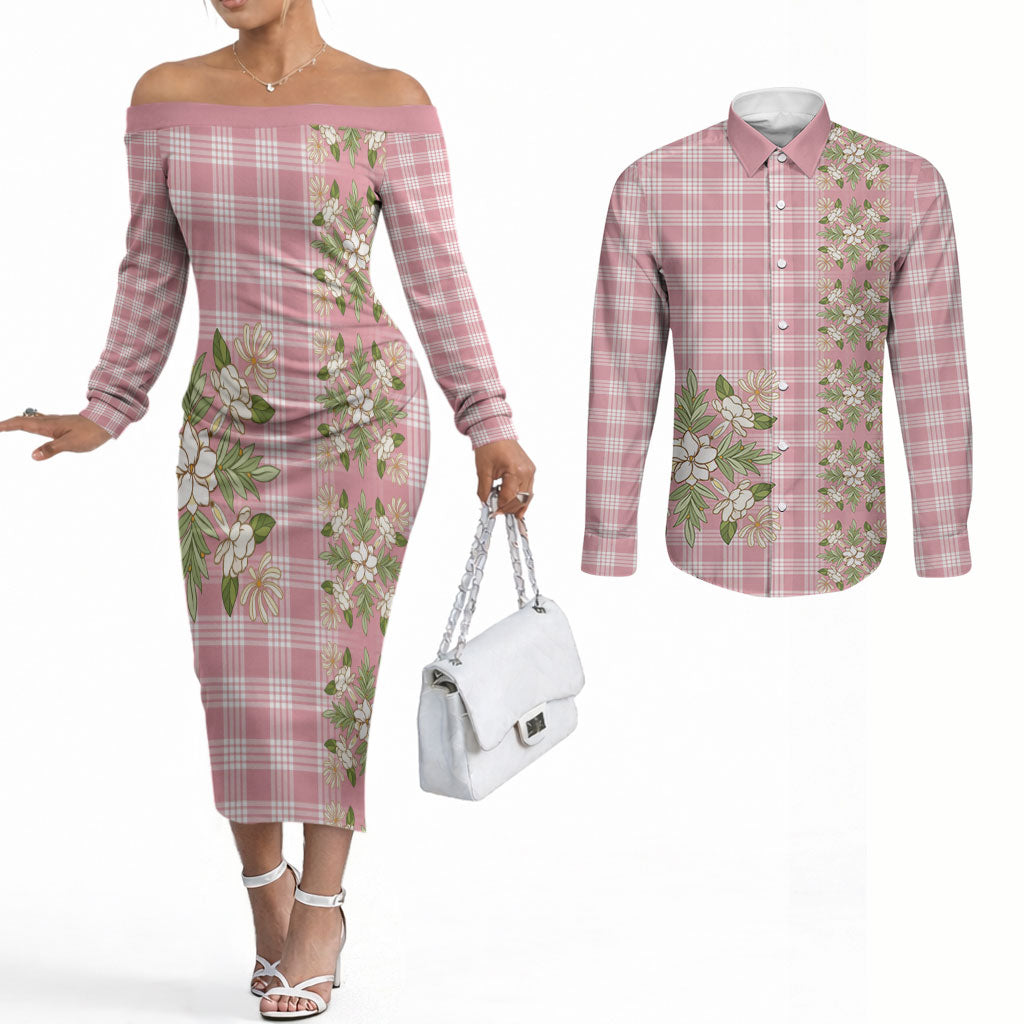 Akala Hamele Hawai'i Palaka Squares Maile Leaf Couples Matching Off The Shoulder Long Sleeve Dress and Long Sleeve Button Shirt Flowers Hawaiian Quilt Patterns LT9 Dusty Rose - Polynesian Pride