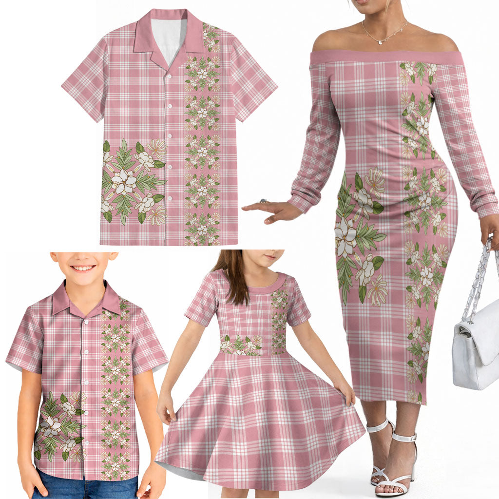 Akala Hamele Hawai'i Palaka Squares Maile Leaf Family Matching Off The Shoulder Long Sleeve Dress and Hawaiian Shirt Flowers Hawaiian Quilt Patterns