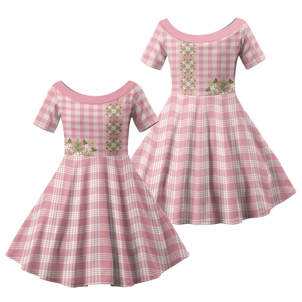 Akala Hamele Hawai'i Palaka Squares Maile Leaf Family Matching Off The Shoulder Long Sleeve Dress and Hawaiian Shirt Flowers Hawaiian Quilt Patterns