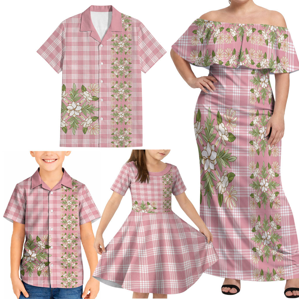 Akala Hamele Hawai'i Palaka Squares Maile Leaf Family Matching Off Shoulder Maxi Dress and Hawaiian Shirt Flowers Hawaiian Quilt Patterns