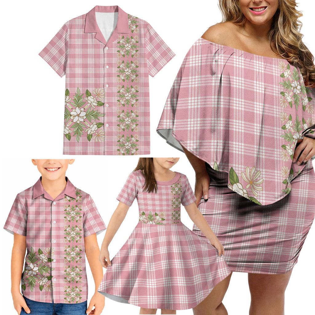 Akala Hamele Hawai'i Palaka Squares Maile Leaf Family Matching Off Shoulder Short Dress and Hawaiian Shirt Flowers Hawaiian Quilt Patterns