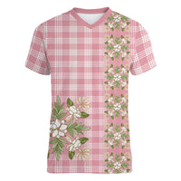 Akala Hamele Hawai'i Palaka Squares Maile Leaf Women V-Neck T-Shirt Flowers Hawaiian Quilt Patterns