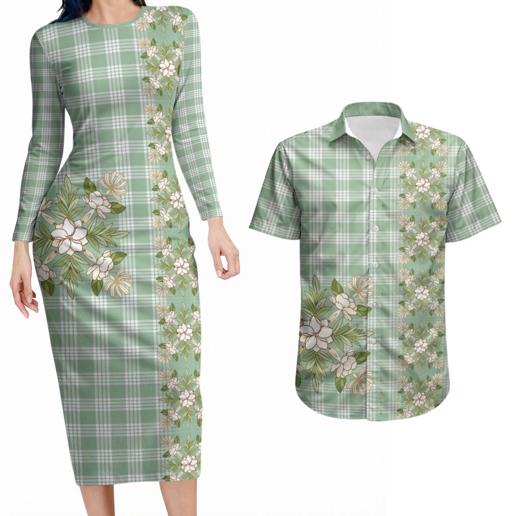 Liko Kukui Hawai'i Palaka Squares Maile Leaf Couples Matching Long Sleeve Bodycon Dress and Hawaiian Shirt Flowers Hawaiian Quilt Patterns LT9 Sage Green - Polynesian Pride