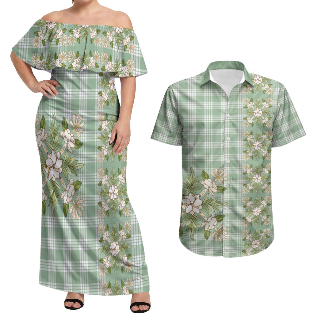 Liko Kukui Hawai'i Palaka Squares Maile Leaf Couples Matching Off Shoulder Maxi Dress and Hawaiian Shirt Flowers Hawaiian Quilt Patterns