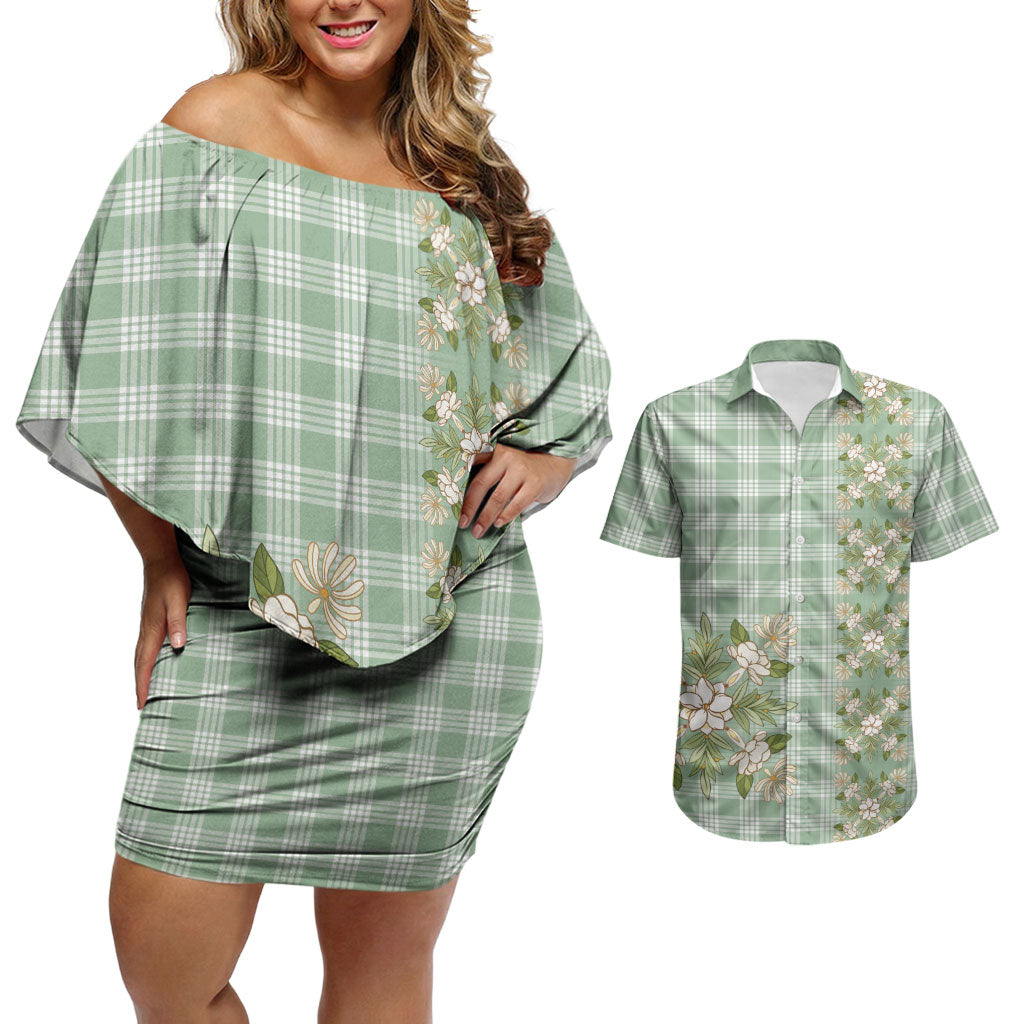 Liko Kukui Hawai'i Palaka Squares Maile Leaf Couples Matching Off Shoulder Short Dress and Hawaiian Shirt Flowers Hawaiian Quilt Patterns