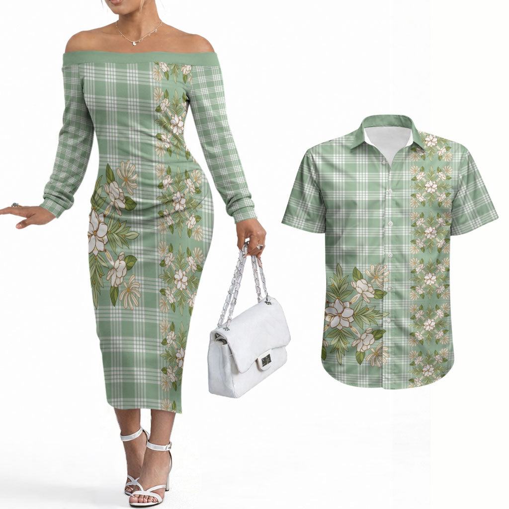 Liko Kukui Hawai'i Palaka Squares Maile Leaf Couples Matching Off The Shoulder Long Sleeve Dress and Hawaiian Shirt Flowers Hawaiian Quilt Patterns