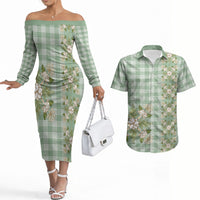 Liko Kukui Hawai'i Palaka Squares Maile Leaf Couples Matching Off The Shoulder Long Sleeve Dress and Hawaiian Shirt Flowers Hawaiian Quilt Patterns