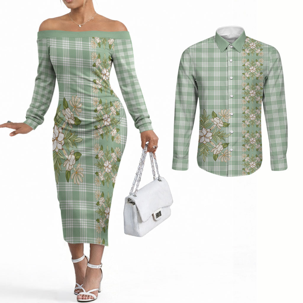 Liko Kukui Hawai'i Palaka Squares Maile Leaf Couples Matching Off The Shoulder Long Sleeve Dress and Long Sleeve Button Shirt Flowers Hawaiian Quilt Patterns