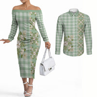 Liko Kukui Hawai'i Palaka Squares Maile Leaf Couples Matching Off The Shoulder Long Sleeve Dress and Long Sleeve Button Shirt Flowers Hawaiian Quilt Patterns