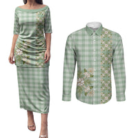 Liko Kukui Hawai'i Palaka Squares Maile Leaf Couples Matching Puletasi and Long Sleeve Button Shirt Flowers Hawaiian Quilt Patterns