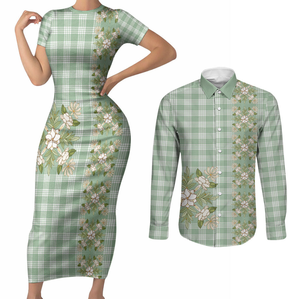 Liko Kukui Hawai'i Palaka Squares Maile Leaf Couples Matching Short Sleeve Bodycon Dress and Long Sleeve Button Shirt Flowers Hawaiian Quilt Patterns