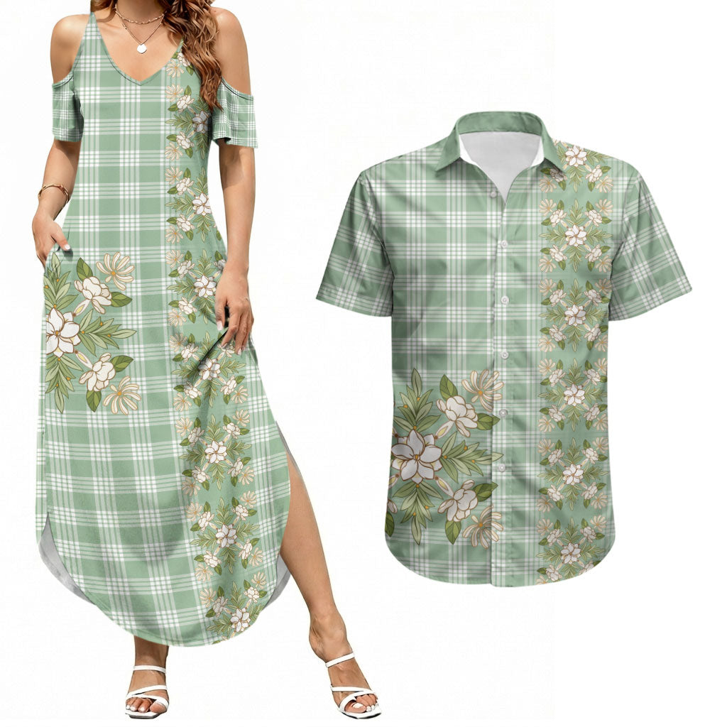 Liko Kukui Hawai'i Palaka Squares Maile Leaf Couples Matching Summer Maxi Dress and Hawaiian Shirt Flowers Hawaiian Quilt Patterns
