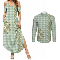 Liko Kukui Hawai'i Palaka Squares Maile Leaf Couples Matching Summer Maxi Dress and Long Sleeve Button Shirt Flowers Hawaiian Quilt Patterns