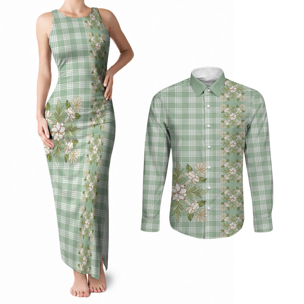 Liko Kukui Hawai'i Palaka Squares Maile Leaf Couples Matching Tank Maxi Dress and Long Sleeve Button Shirt Flowers Hawaiian Quilt Patterns