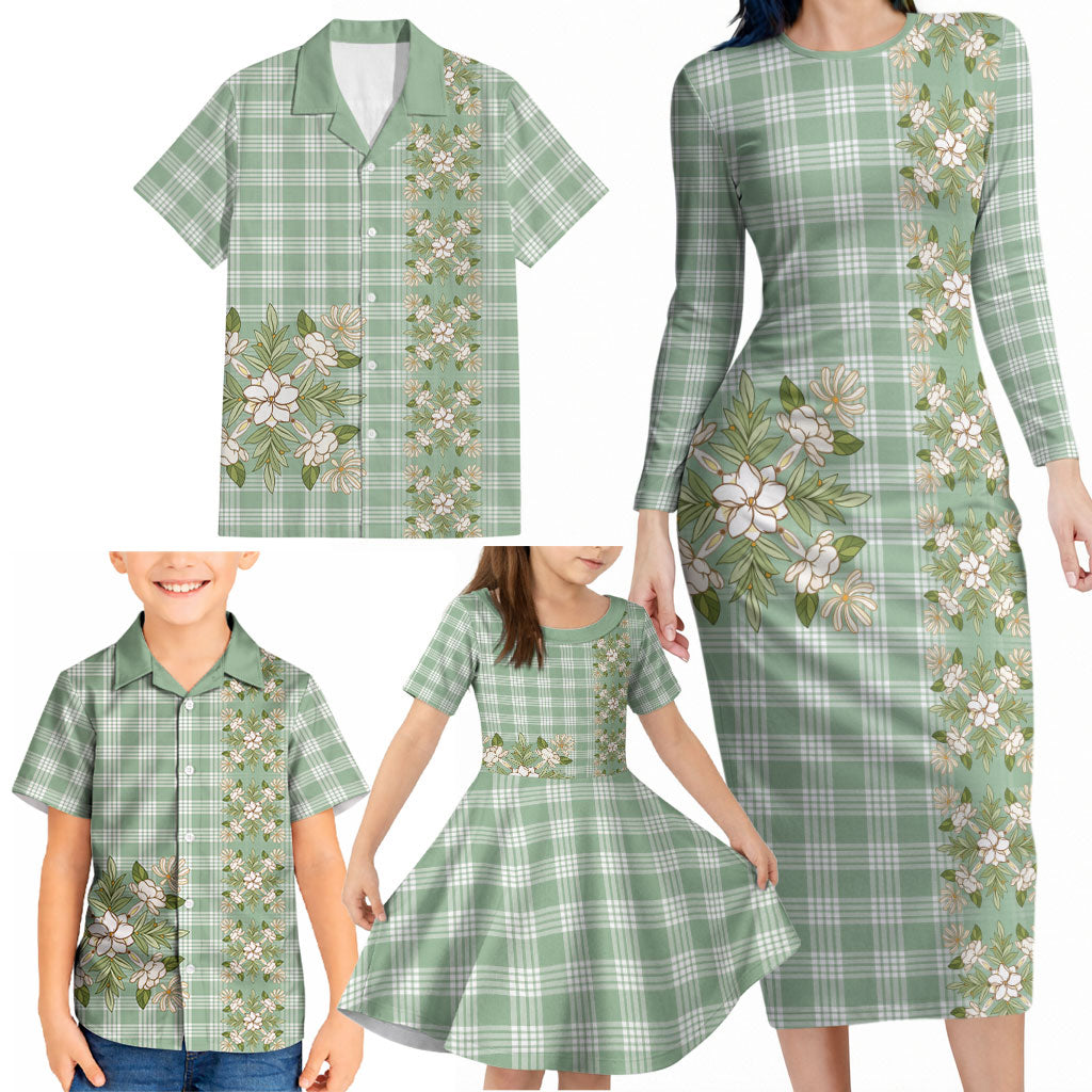 Liko Kukui Hawai'i Palaka Squares Maile Leaf Family Matching Long Sleeve Bodycon Dress and Hawaiian Shirt Flowers Hawaiian Quilt Patterns