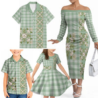 Liko Kukui Hawai'i Palaka Squares Maile Leaf Family Matching Off The Shoulder Long Sleeve Dress and Hawaiian Shirt Flowers Hawaiian Quilt Patterns