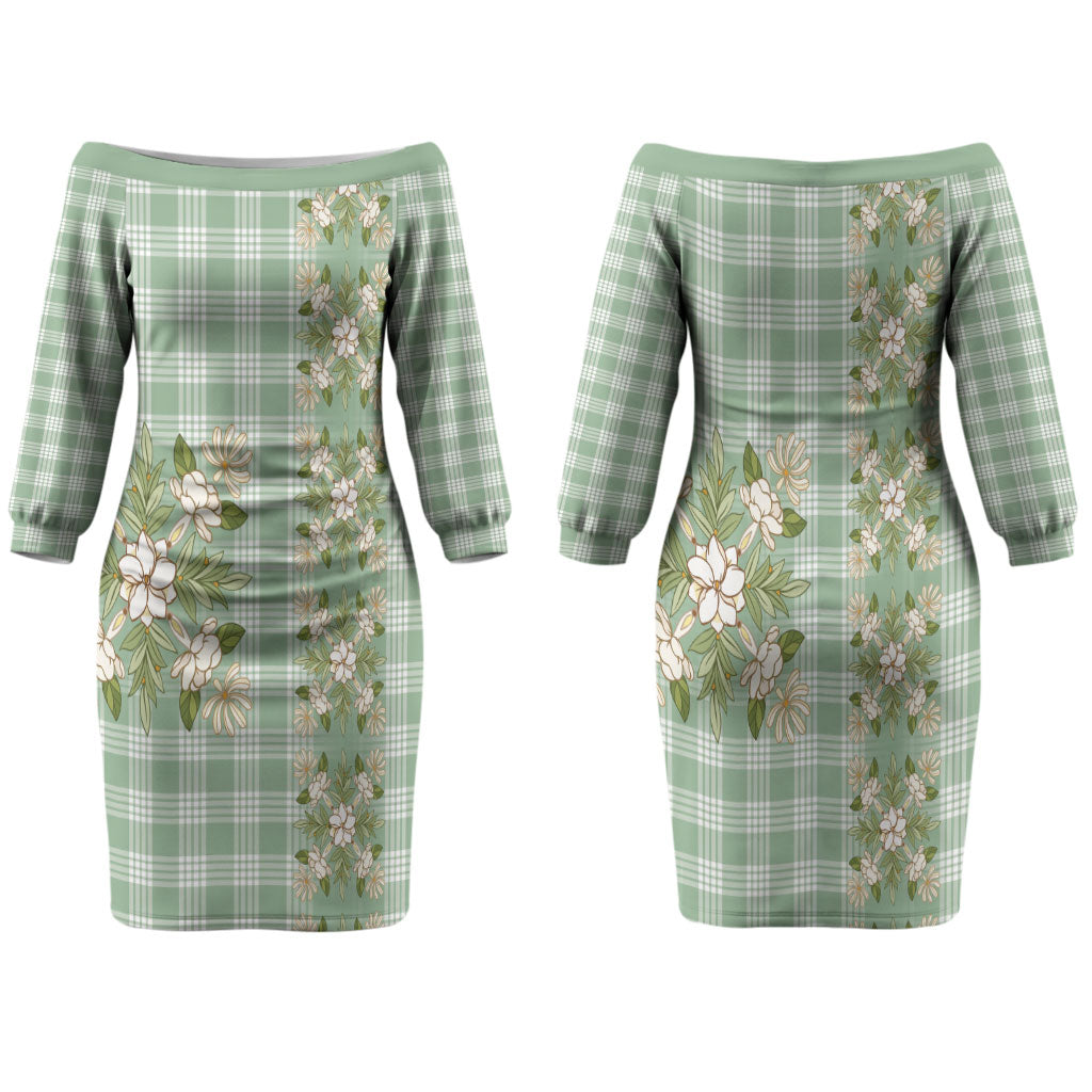 Liko Kukui Hawai'i Palaka Squares Maile Leaf Family Matching Off The Shoulder Long Sleeve Dress and Hawaiian Shirt Flowers Hawaiian Quilt Patterns