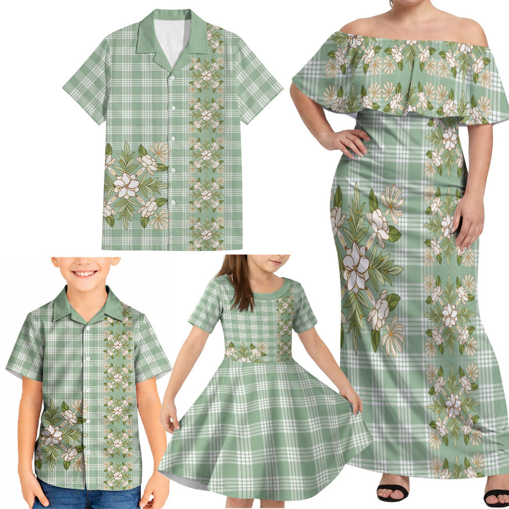Liko Kukui Hawai'i Palaka Squares Maile Leaf Family Matching Off Shoulder Maxi Dress and Hawaiian Shirt Flowers Hawaiian Quilt Patterns