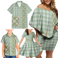 Liko Kukui Hawai'i Palaka Squares Maile Leaf Family Matching Off Shoulder Short Dress and Hawaiian Shirt Flowers Hawaiian Quilt Patterns
