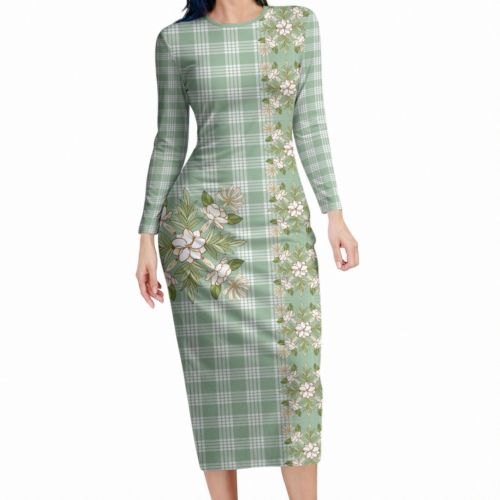Liko Kukui Hawai'i Palaka Squares Maile Leaf Long Sleeve Bodycon Dress Flowers Hawaiian Quilt Patterns