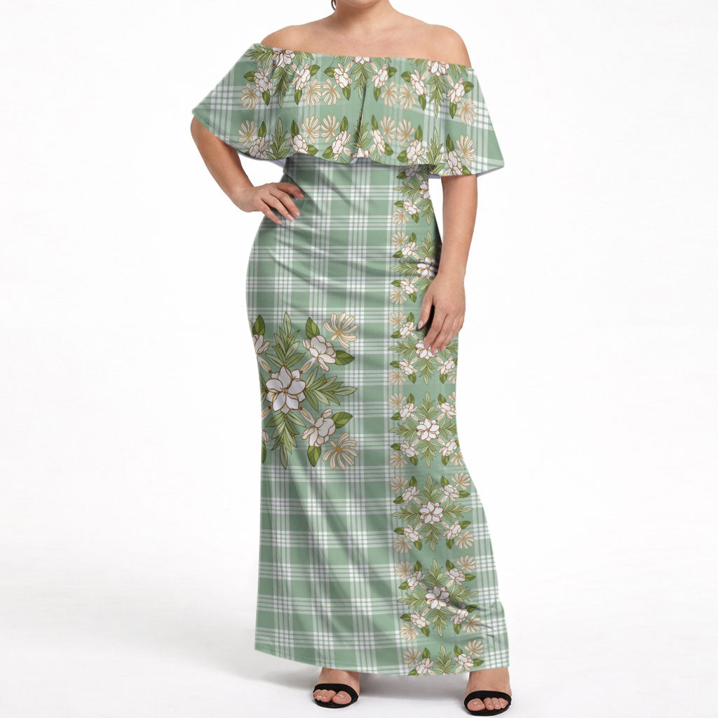 Liko Kukui Hawai'i Palaka Squares Maile Leaf Off Shoulder Maxi Dress Flowers Hawaiian Quilt Patterns