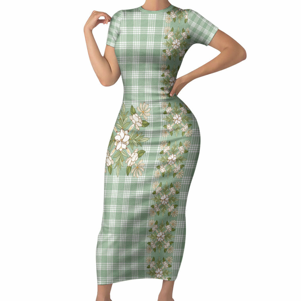 Liko Kukui Hawai'i Palaka Squares Maile Leaf Short Sleeve Bodycon Dress Flowers Hawaiian Quilt Patterns