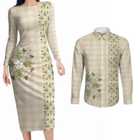Melemele Ahiahia Hawai'i Palaka Squares Maile Leaf Couples Matching Long Sleeve Bodycon Dress and Long Sleeve Button Shirt Flowers Hawaiian Quilt Patterns