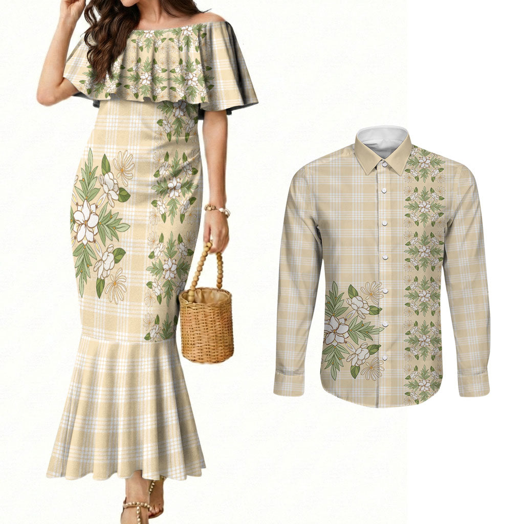 Melemele Ahiahia Hawai'i Palaka Squares Maile Leaf Couples Matching Mermaid Dress and Long Sleeve Button Shirt Flowers Hawaiian Quilt Patterns