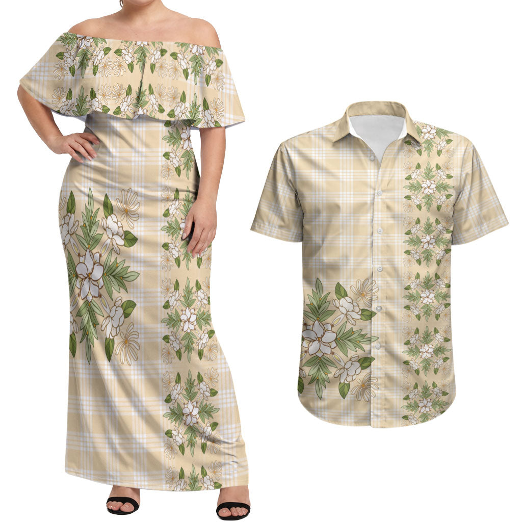 Melemele Ahiahia Hawai'i Palaka Squares Maile Leaf Couples Matching Off Shoulder Maxi Dress and Hawaiian Shirt Flowers Hawaiian Quilt Patterns