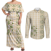 Melemele Ahiahia Hawai'i Palaka Squares Maile Leaf Couples Matching Off Shoulder Maxi Dress and Long Sleeve Button Shirt Flowers Hawaiian Quilt Patterns