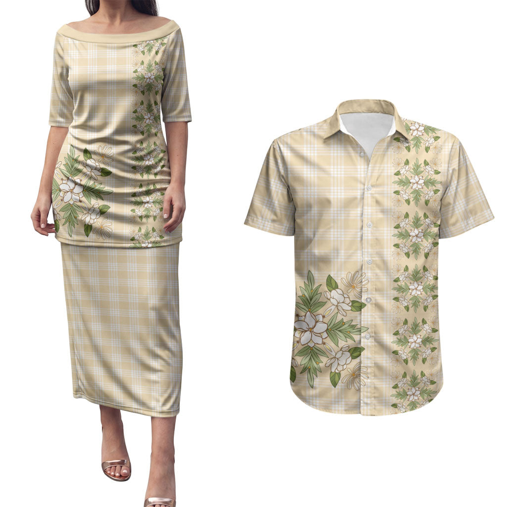 Melemele Ahiahia Hawai'i Palaka Squares Maile Leaf Couples Matching Puletasi and Hawaiian Shirt Flowers Hawaiian Quilt Patterns