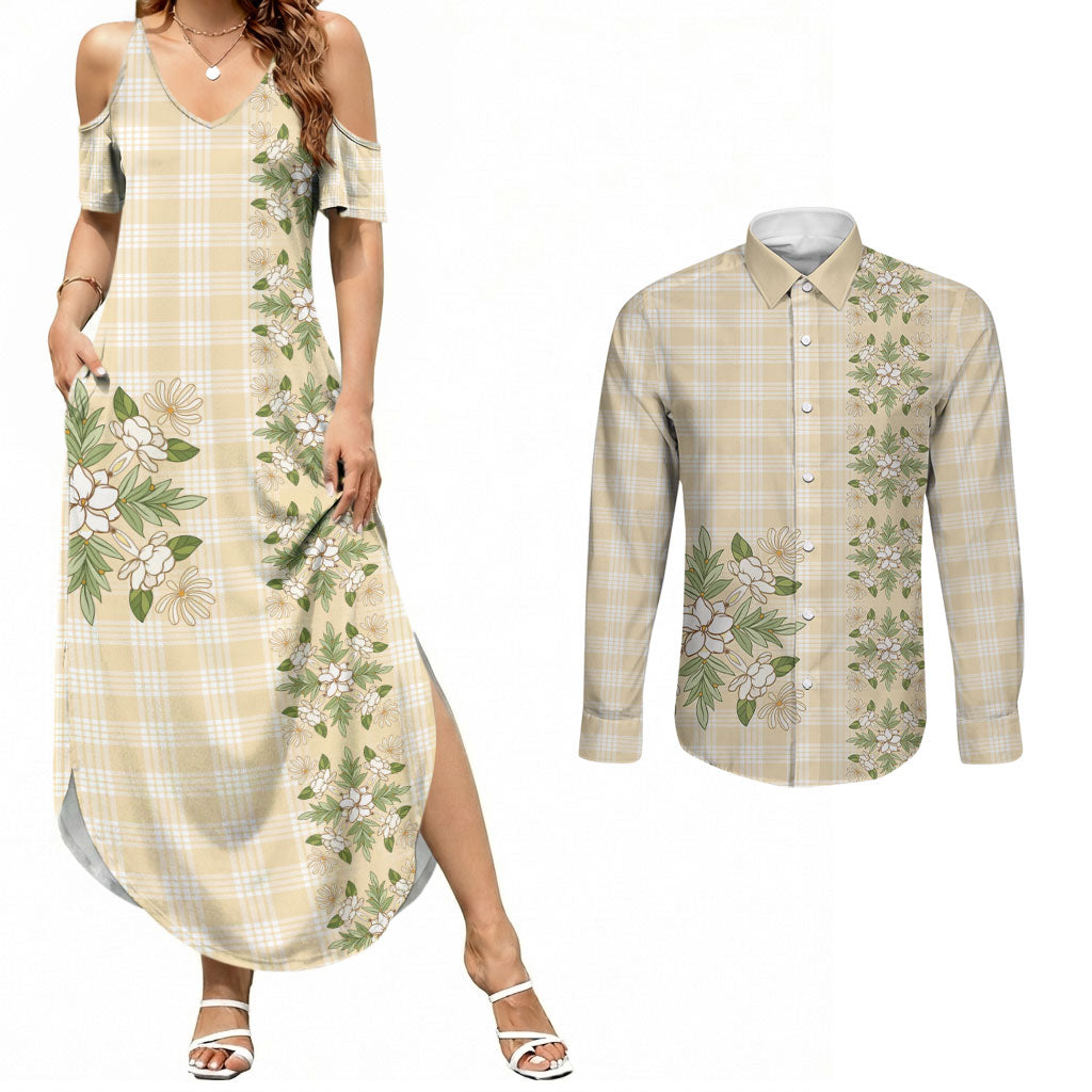 Melemele Ahiahia Hawai'i Palaka Squares Maile Leaf Couples Matching Summer Maxi Dress and Long Sleeve Button Shirt Flowers Hawaiian Quilt Patterns