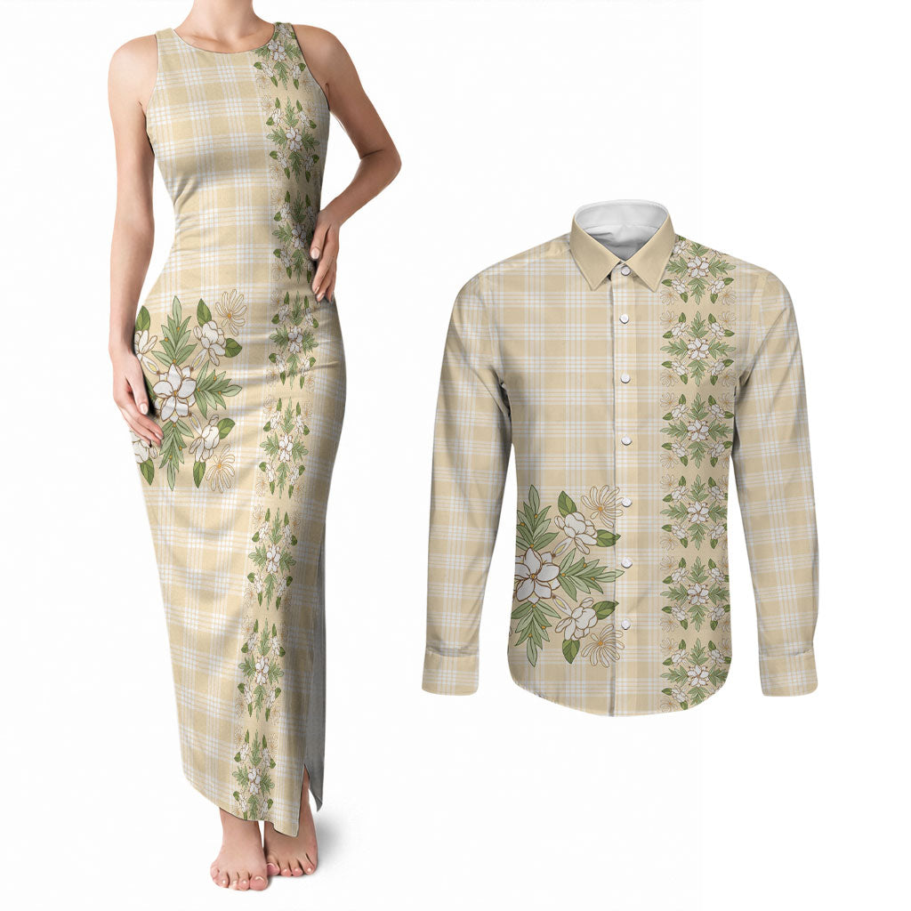 Melemele Ahiahia Hawai'i Palaka Squares Maile Leaf Couples Matching Tank Maxi Dress and Long Sleeve Button Shirt Flowers Hawaiian Quilt Patterns