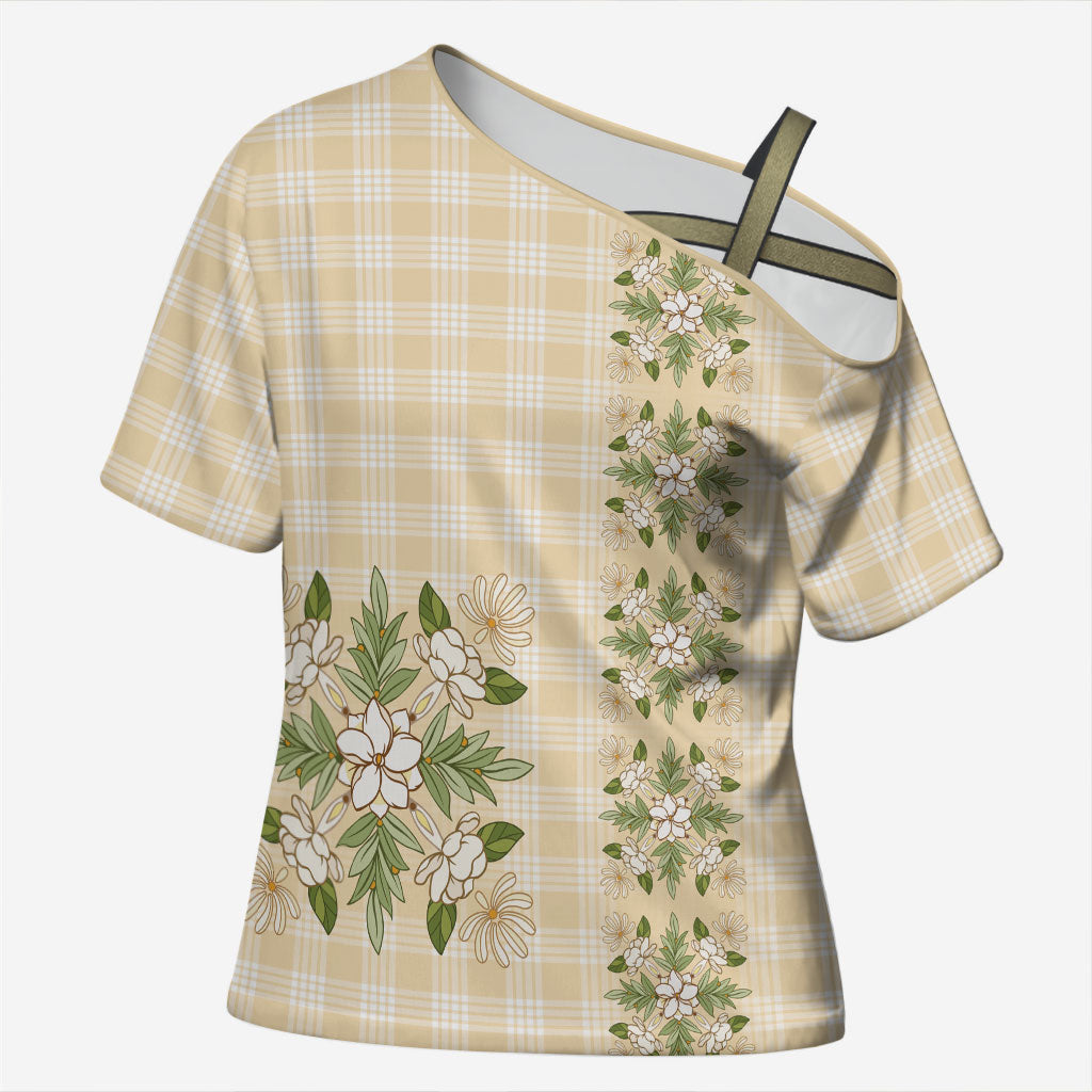 Melemele Ahiahia Hawai'i Palaka Squares Maile Leaf Cross Shoulder Shirt Flowers Hawaiian Quilt Patterns LT9 Female Pastel Yellow - Polynesian Pride