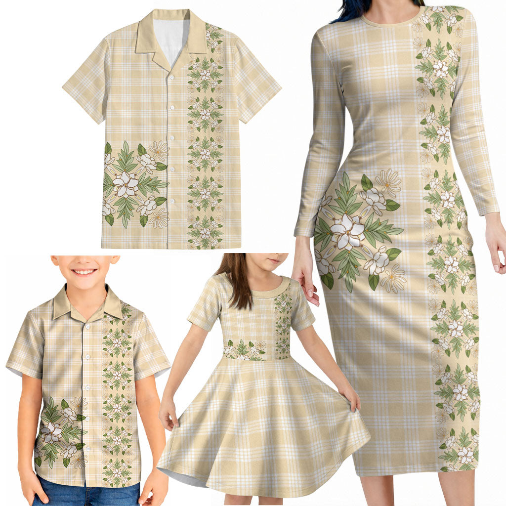 Melemele Ahiahia Hawai'i Palaka Squares Maile Leaf Family Matching Long Sleeve Bodycon Dress and Hawaiian Shirt Flowers Hawaiian Quilt Patterns