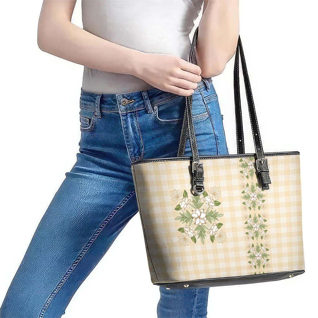 Melemele Ahiahia Hawai'i Palaka Squares Maile Leaf Leather Tote Bag Flowers Hawaiian Quilt Patterns