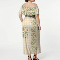 Melemele Ahiahia Hawai'i Palaka Squares Maile Leaf Off Shoulder Maxi Dress Flowers Hawaiian Quilt Patterns