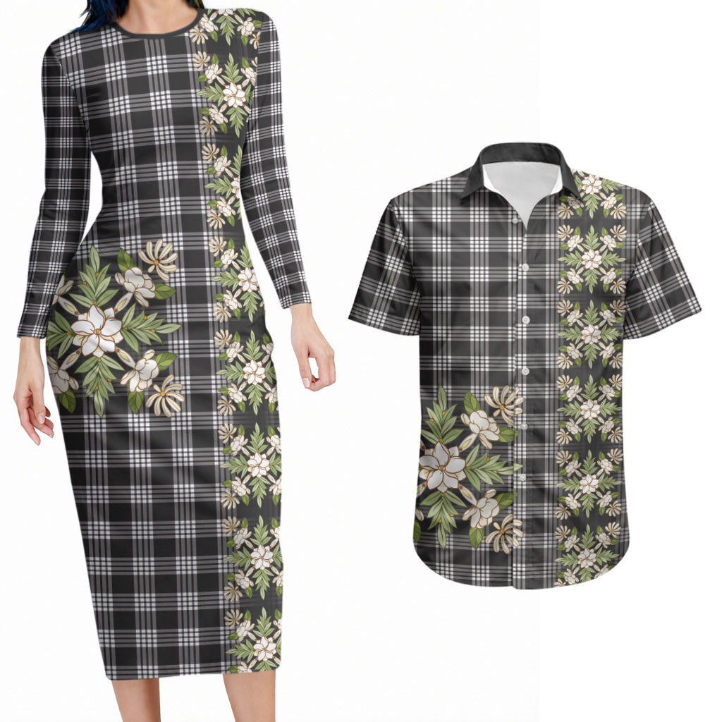Pauli Hawai'i Palaka Squares Maile Leaf Couples Matching Long Sleeve Bodycon Dress and Hawaiian Shirt Flowers Hawaiian Quilt Patterns LT9 Soft Black - Polynesian Pride