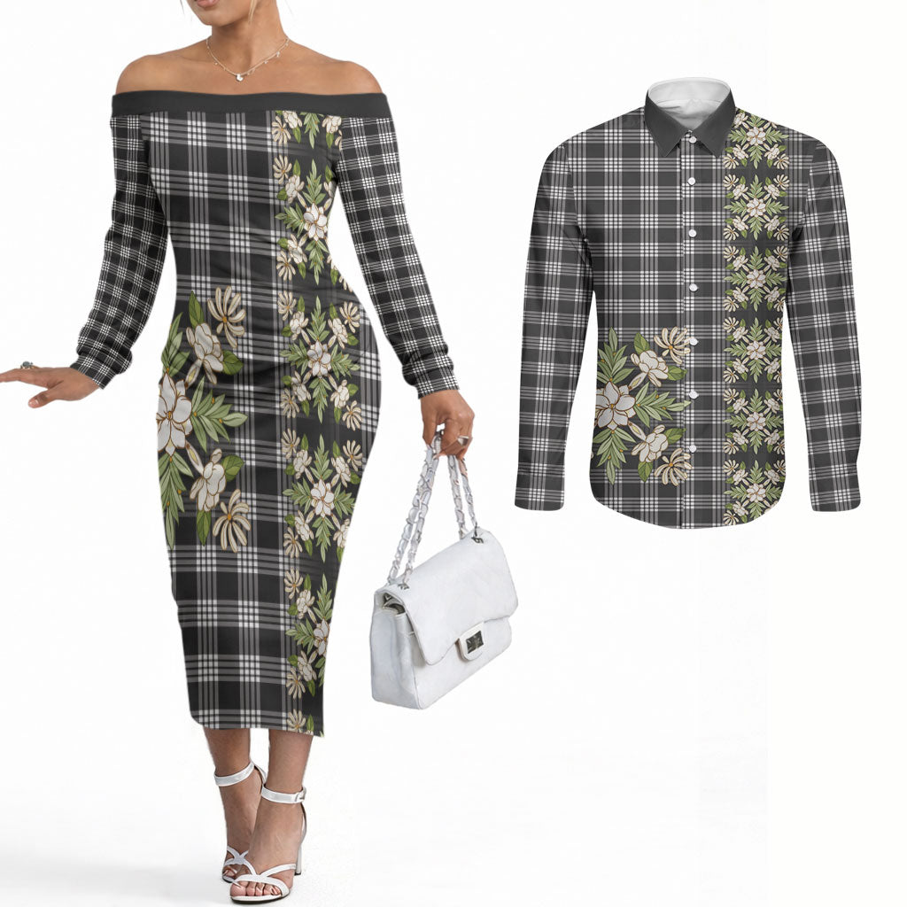 Pauli Hawai'i Palaka Squares Maile Leaf Couples Matching Off The Shoulder Long Sleeve Dress and Long Sleeve Button Shirt Flowers Hawaiian Quilt Patterns