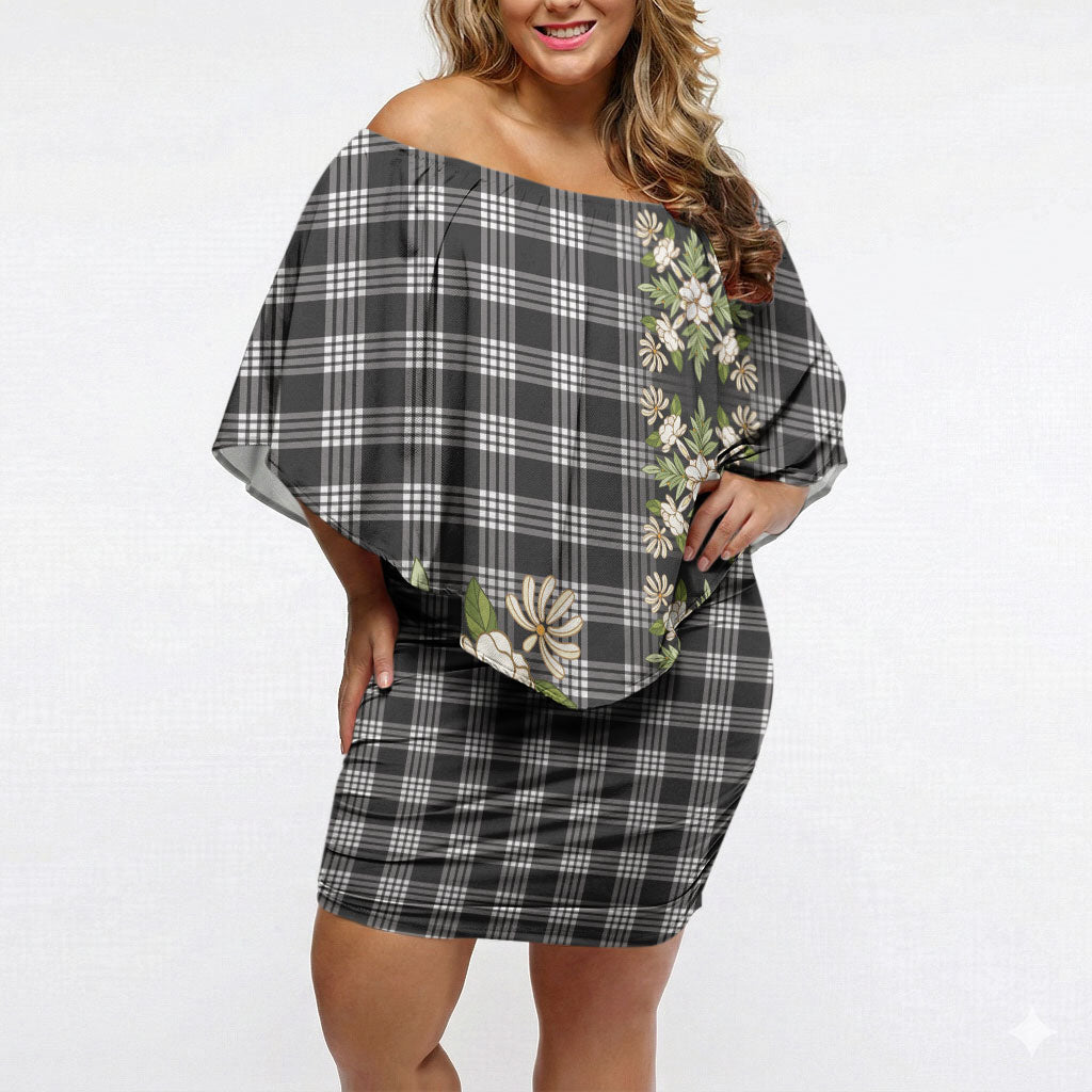 Pauli Hawai'i Palaka Squares Maile Leaf Off Shoulder Short Dress Flowers Hawaiian Quilt Patterns
