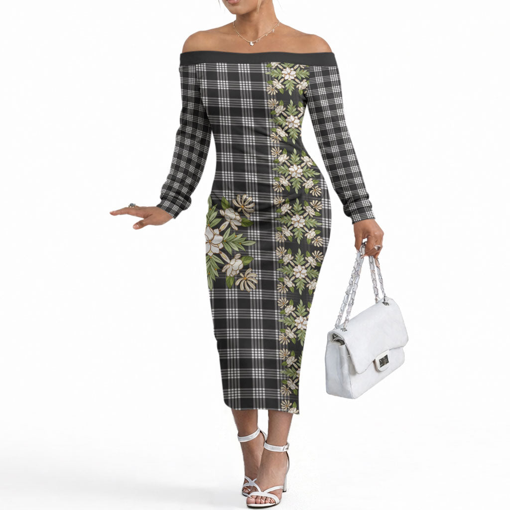 Pauli Hawai'i Palaka Squares Maile Leaf Off The Shoulder Long Sleeve Dress Flowers Hawaiian Quilt Patterns